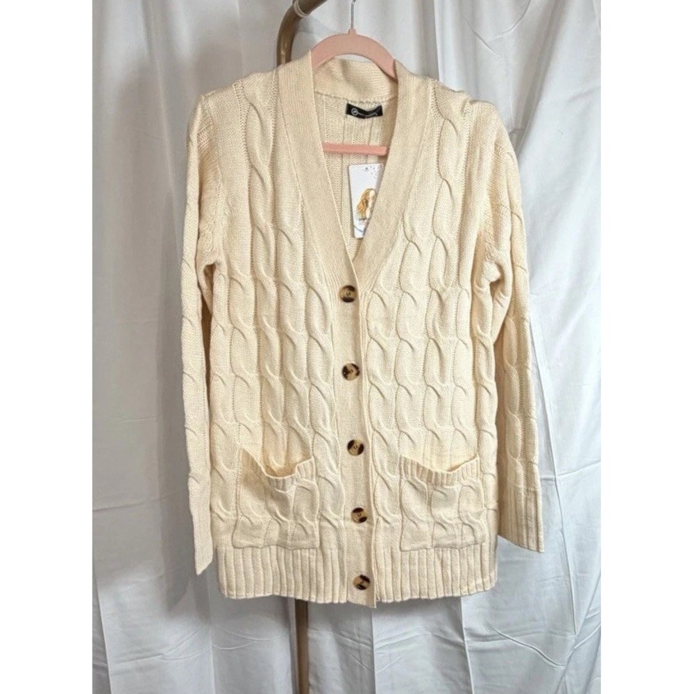 NWT Pretty Garden Large Beige‎ Knit Cardigan Large 5 Buttons Pockets